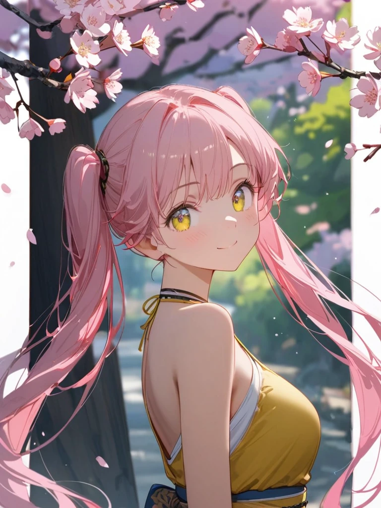 8K resolution, ((highest quality)), ((masterpiece)), ((Super detailed)), (And yet delicate and beautiful), beautiful girl, alone, gentle expression, She and(relax)and(Calm)exterior, pink hair in twintails,written boundary depth, bright smile, young look, bright gold-colored eyes, Beautiful pink hair, beautiful background, long hair, line drawing, yellow halter top,medium breasts,bare arms,Japan, Japanese Style, cherry blossomsのように輝く瞳, upper grade, wonderful eyes, cherry blossoms, cherry blossomsの木, cherry blossomsの花が舞っている, Upper body