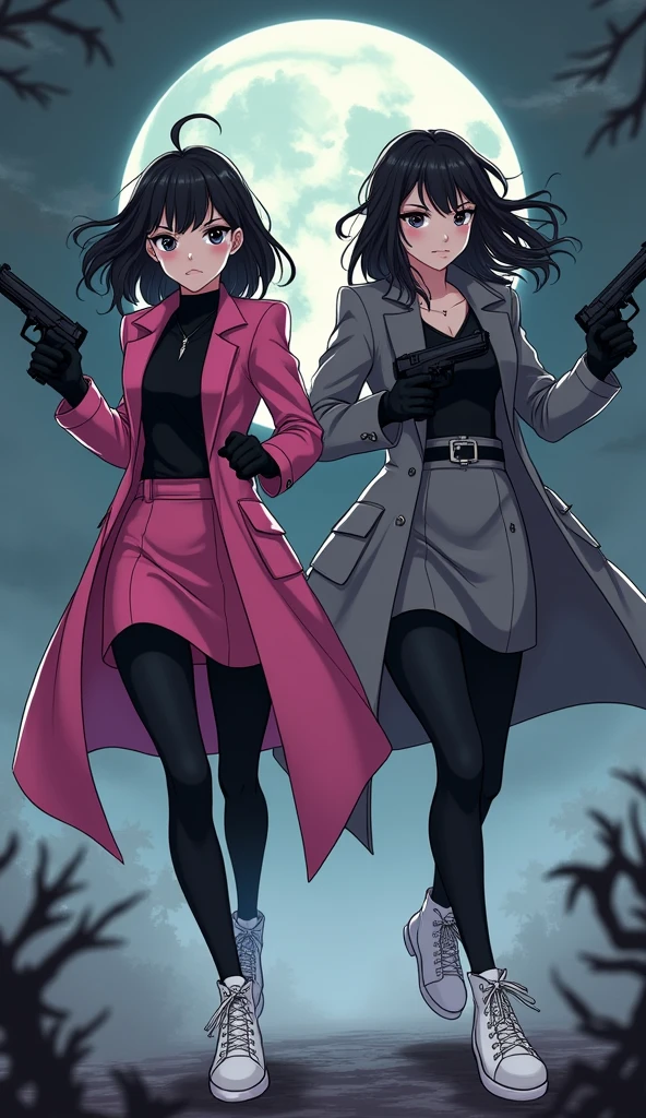 Two young womens, long black hairs, yuri, Vampire Hunters.

The first young women black eyes wear a pink long coat, black shirt, pink pencil skirt, black underpants, black tights, black gloves, white sneakers high top.

The second young women black eyes wore a grey long coat, black shirt, grey pencil skirt, black underpants, black tights, black gloves, white sneakers high top.

holding a pistol handguns, running, black grey sky, fantastic night sky, moon, cartoon anime, 4K, HD