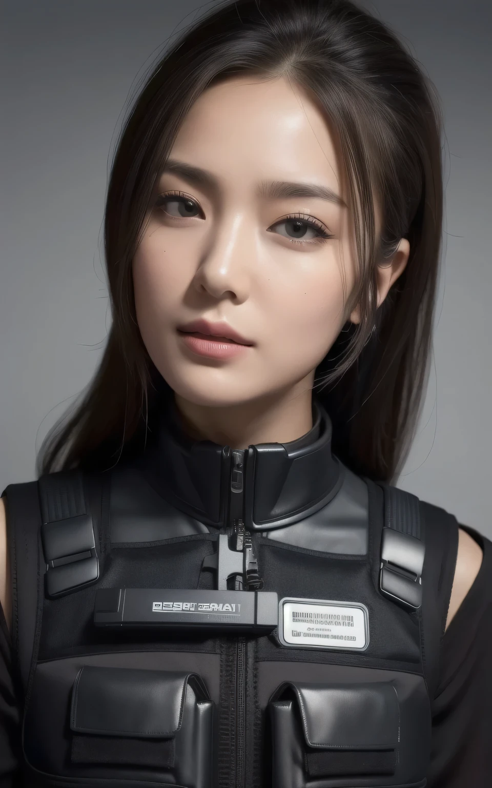 ((Best Quality, 8K, Masterpiece: 1.3, best quality)), photorealistic, photorealism, high resolution, ((face close up:1.2)), (detailed face skin, reallistic, Photorealsitic:1.37), face of 1girl , looking at the viewer, (Detailed face), medium long hair, (wearing dark rubber suit, tactical vests, military harness, high-tech headset), concrete wall background,