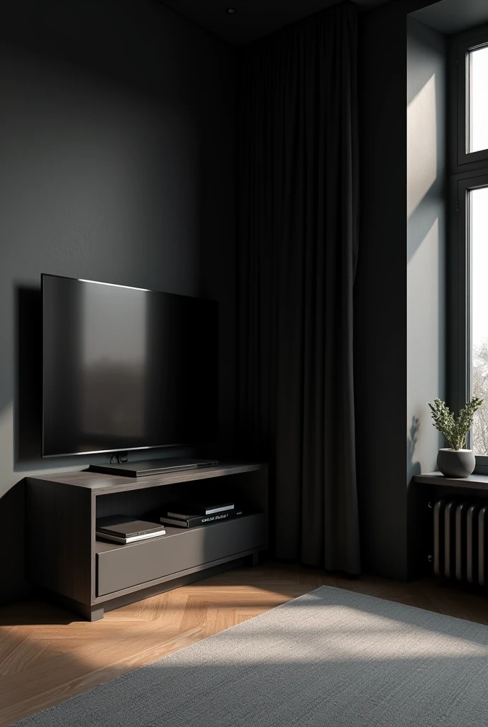 TV stand, vertical black wallpaper with black oled, in 8k personal room seen from the corner of the room 