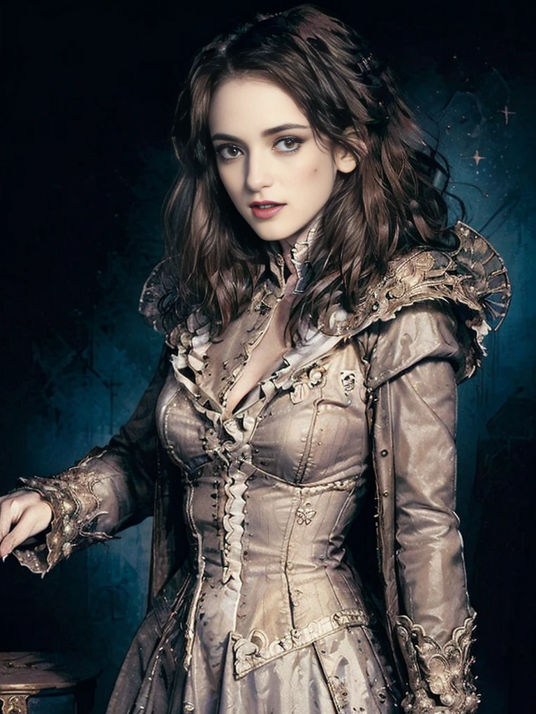 (masterpiece、top-quality、top-quality、Detailed and complex、official art、aesthetically pleasing:1.3)、(1 brown victorian volumen haired female vampire with fangs in:1.3)、(Winona Rider look) (revealing fangs) (realistic art:1.3)、blue coat, white shirt, gold accessories, gothic castle background. Moon and stars background