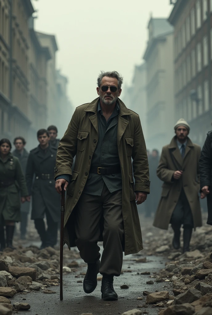 Berlin after World War II The blind man stumbling through the crowd, with his cane and sunglasses, while Greta watches from afar