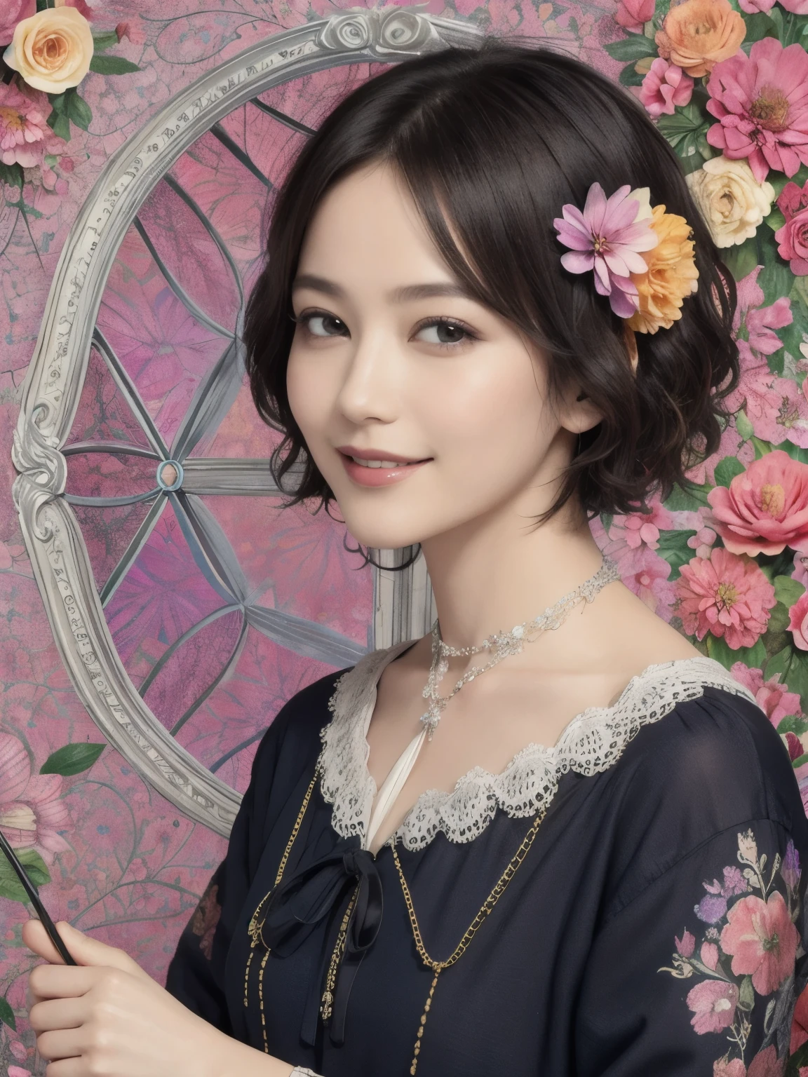 271 (20-year-old woman,short hair), (masterpiece, Highest quality, beautiful:1.2), Very detailed, (Fractal Art:1.1), (colorful:1.1), (flower:1.3), whole body, (Abstract background:1.3), (Many colors:1.4), (Old-fashioned smile), (window)