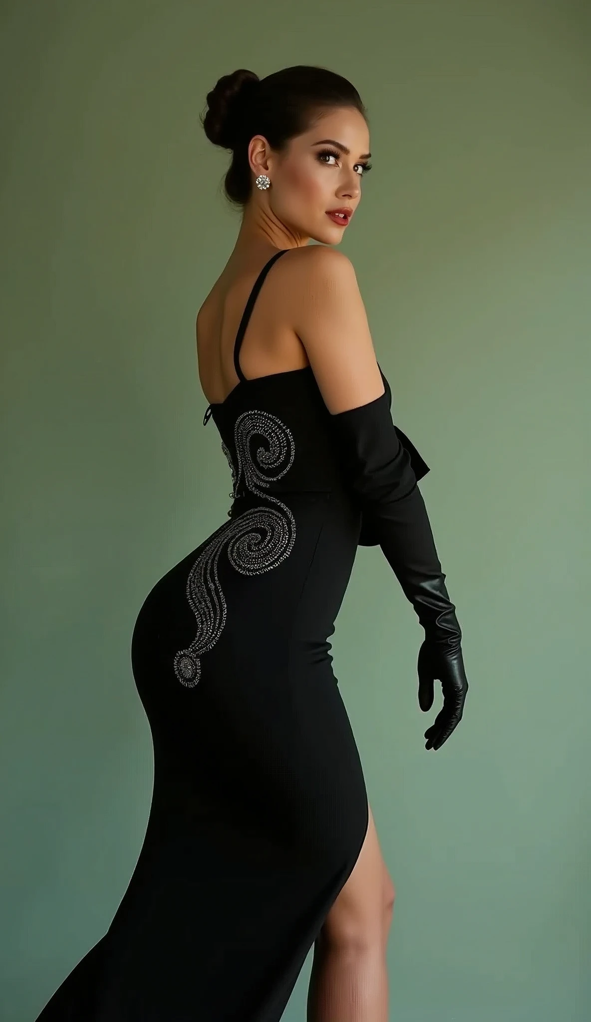 A stunning woman striking an elegant pose, wearing a sleek black dress with a unique, swirling design adorned with glittering embellishments. The dress features a high slit, revealing one leg, while her arms are covered in long black gloves, adding a touch of vintage glamour. The lighting softly highlights her silhouette against a muted, light green backdrop, creating a sophisticated and stylish atmosphere.
((elegant pose)), ((sleek black dress)), ((swirling glittering design)), ((high slit dress)), ((long black gloves)), ((vintage glamour)), ((soft lighting)), ((sophisticated atmosphere)), ((light green backdrop)) BREAK ((highres:1.5)), ((best quality:1.6)), ((fashion photography:1.4)), ((minimalist background:1.3)).