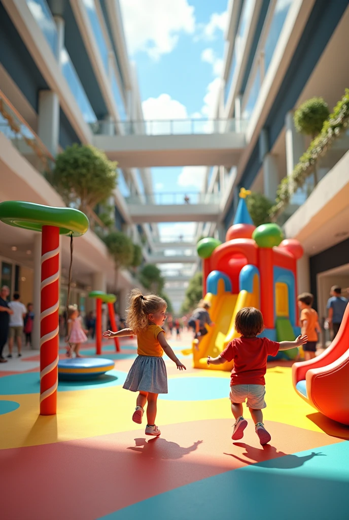 Playground with slide, swing and bouncy castle in a shopping mall