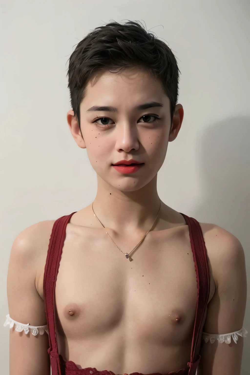 Spread, ((SLEEPING FEMBOY)), (((SAD FACE EXPRESSION:1.1)), ((NECK LACE)), ((GOTHIC EYELASHES & LIPS)), ((LIPS)), ((boy very shorthaircut)), adorable, 1 girl, (face to face), , baby face, happy, half body portrait, (face details: 1), (eye details: 1), ((tiny breasts)). ((Lace V-neck ice silk suspender nightdress)), ((net stockings)), lingerie ((red lips)), lie down (((RED NAKED)))