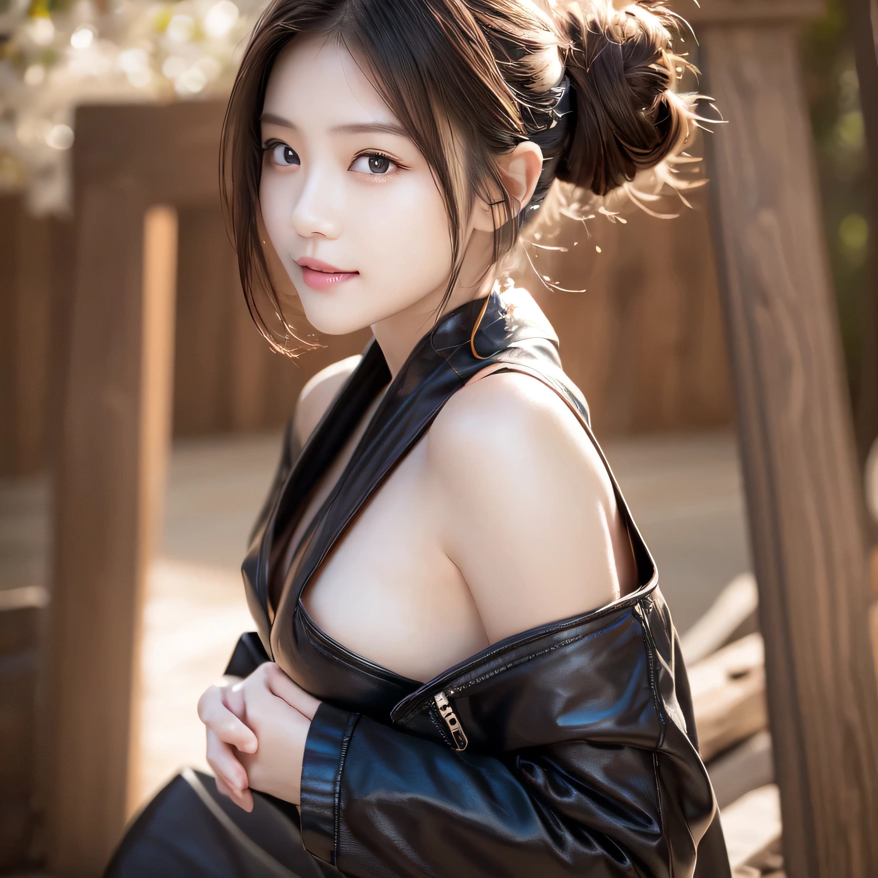 ((Hair Bun:1.3,lewisleathers doubleriderjacket,white camisole、Expressionless、美しいJapanese people women、cute、Small breasts))、Graduation Ceremony、university student、22 years old、Hair tied up、1people、Very beautiful Japanese idol portraits、RAW Photos,Highest quality、Genuine、Very delicate and beautiful,Very detailed,2k wallpaper,wonderful,In detail,Highly detailed CG Unity 8K wallpapers,Very detailed,High resolution,Soft Light,Beautiful detailed,Very detailed eyes and face,Beautiful and sophisticated nose,Beautiful and beautiful eyes,Cinema Lighting,(Simple light color background:1.3),(short hair),(Bob),Complete Anatomy,Slender body,Small breasts,smile,{A sheer black yukata}、{Mysterious Shrine}、{Large Torii Gate}、 {Morning sunlight filtering through the trees}、{Japanese Shrines}、{Hair tied up}、{sit cross-legged}、美しいJapanese people women、Sharp focus, Perfect dynamic composition、Tilt your head、Close-up portrait, Model body type、 masterpiece、Highest quality、超High resolution、Ultra-high resolution photos、Smooth upscaled images 、HD resolution,、High Quality Boost,、Contrast Boost、Hyperrealism、Super fine、8k、elegant、 1people、Japanese people women、美しいJapanese people women、Ultra detailed face,、A captivating smile、cute、White skin、Fair skinの美しい肌、Brown eyes、Beautiful symmetrical face、Small face、Age 25、Beautiful black hair、 Beautiful small breasts、Skin between genuine people、Perfect figure、Perfect anatomical figure、whole body photos、Detailed and realistic people bodies、Detailed and realistic skin、Realistic face in every detail、Detailed and realistic eyes、Detailed and realistic lips、Detailed and realistic teeth、Detailed and realistic ears、Detailed and realistic hair、Beautiful Hands、Realistic feet down to the last detail、Realistic breasts down to the last detail、Realistic areola down to the last detail、Realistic nipples down to the last detail、Realistic female genitalia down to the smallest detail、Realistic vagina down to the last detail、Detailed and realistic clitoris、Realistic anus down to the last detail、Thick pubic hair with realistic detail、whole body、whole bodywhite skin、Fair skin、Check and fix the skeleton、Pubic hair is thick、Thick pubic hair、 Completely naked、urination、Pleasant expression、Blushing cheeks and an ecstatic expression, Leaking urine、A sex toy is inserted into the anus、Put your arms behind your back、Open your mouth、 In the mysterious forest、Wooden table、surrounded with plants、