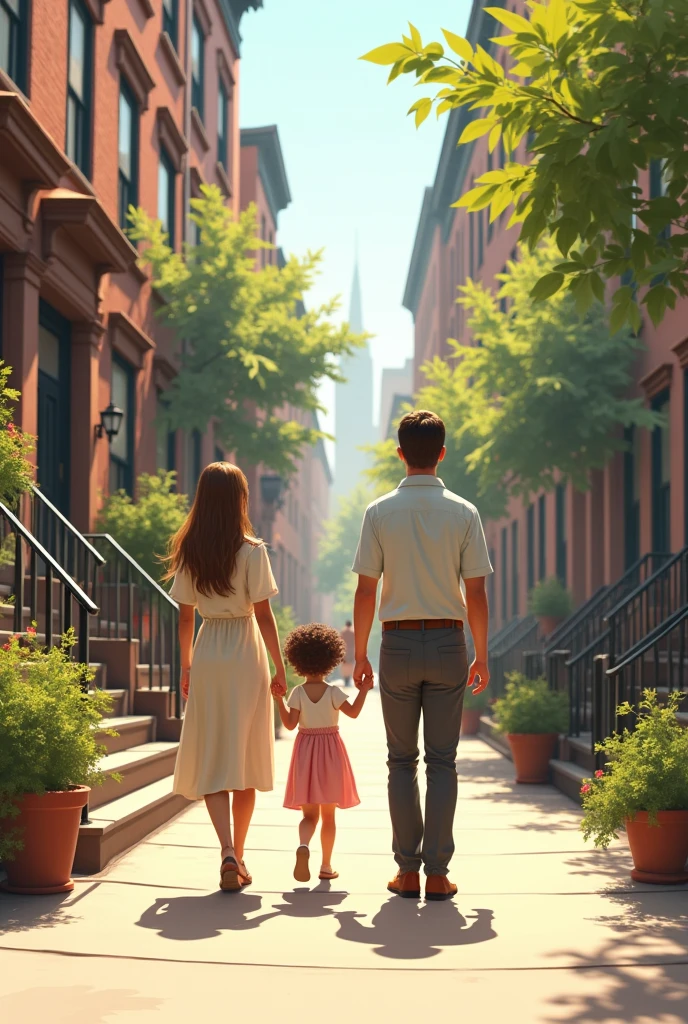 A couple with a daughter walking down a street with their backs turned.