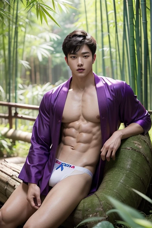 Create a k photo of a handsome, sharp-featured Korean tee boy with muscular physique and six-pack abs, tanned and smooth skin, a proportionate body, wearing floral patterned underwear and a purple robe. He is sitting with his legs extended on a tree stump. The background is a towering forest of lush green bamboo.