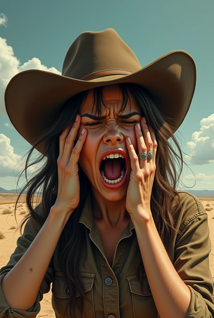 Cowgirl with her hands on either side of her face and wearing a ring on her hand from the artwork The Scream 