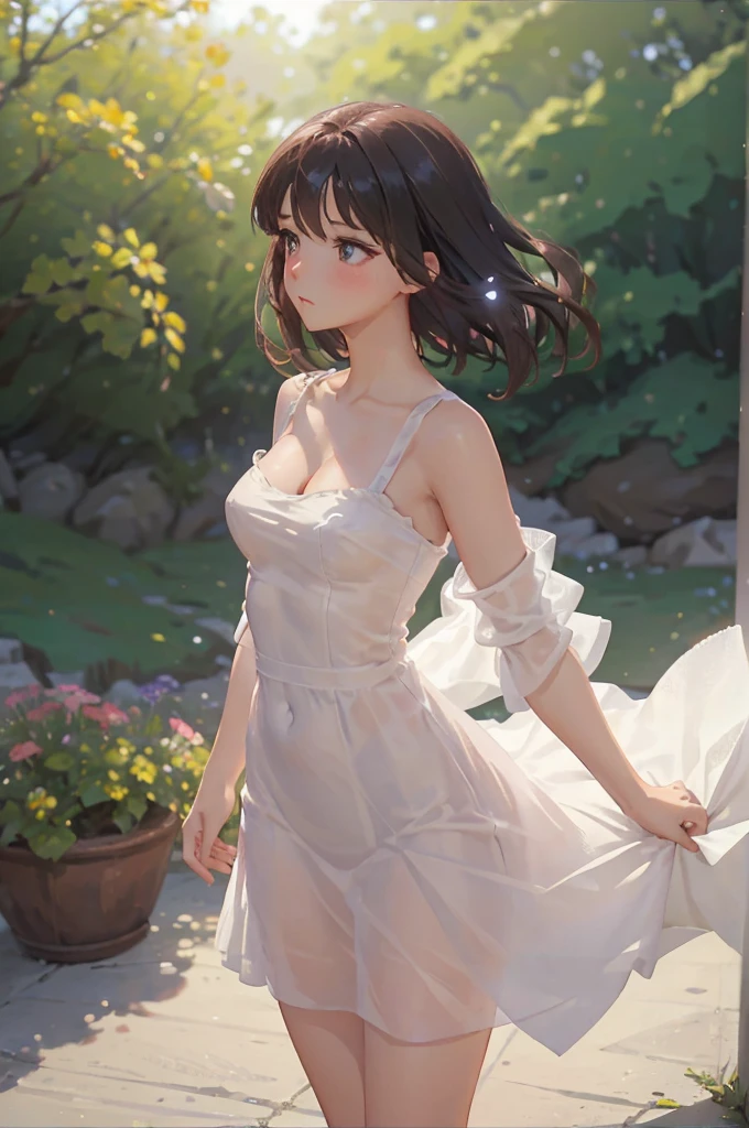 Highest quality, masterpiece, alone, 1 female、Age 25、Small breasts、(Cleavage)、(Slim figure)、sheer white dress、From the side、Poses that accentuate the chest、(White highlight in pupil:1.2)、Dark reddish brown eyes、(Black-haired:1.2)、(Medium Hair)、(View your audience:1.2)、White skin、(blush)、(Embarrassed look)、(Blur the background to make the woman stand out.:1.3)、(The sunlight shines in)、Half Backlight、(Beautiful flowers in the background)、The wind is blowing