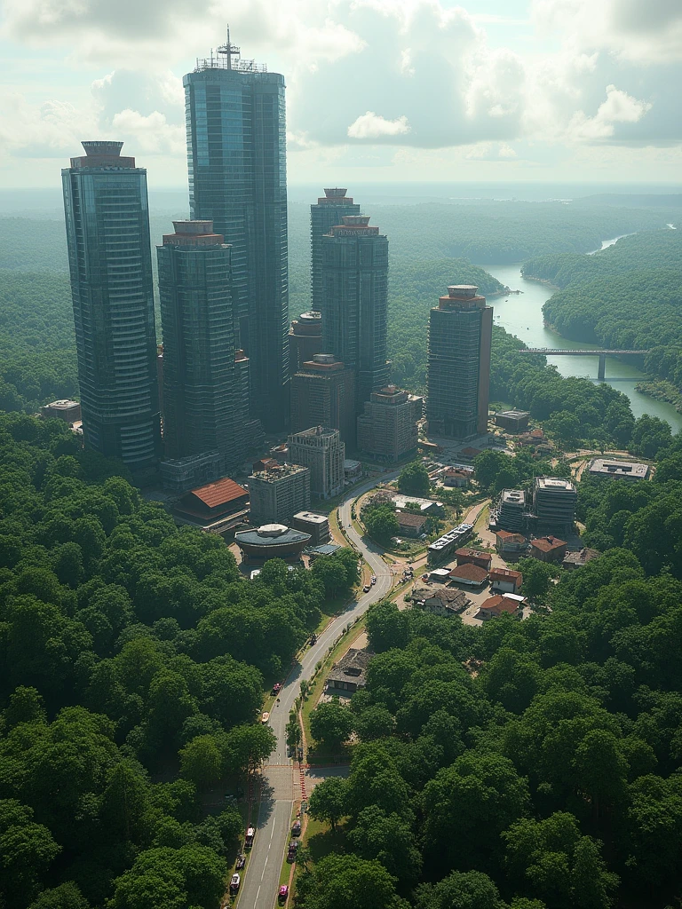 A vast and dense Amazon rainforest surrounds a rapidly growing city, Parauapebas. The city emerges from the jungle, with modern buildings and infrastructure contrasting with the untamed wilderness. Roads carve through the dense forest, leading to new construction sites where high-rise buildings are being erected. The cityscape features a mix of industrial zones, residential areas, and patches of untouched forest. The skyline is a blend of glass and steel buildings alongside traditional wooden homes, all under a cloudy, humid sky. In the background, lush green trees and rivers are visible, reminding of the ongoing battle between nature and urban expansion.