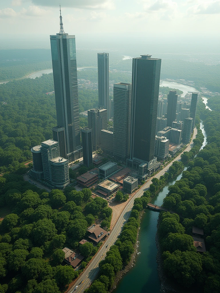 A vast and dense Amazon rainforest surrounds a rapidly growing city, Parauapebas. The city emerges from the jungle, with modern buildings and infrastructure contrasting with the untamed wilderness. Roads carve through the dense forest, leading to new construction sites where high-rise buildings are being erected. The cityscape features a mix of industrial zones, residential areas, and patches of untouched forest. The skyline is a blend of glass and steel buildings alongside traditional wooden homes, all under a cloudy, humid sky. In the background, lush green trees and rivers are visible, reminding of the ongoing battle between nature and urban expansion.