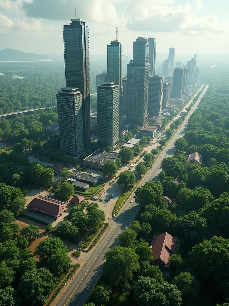 A vast and dense Amazon rainforest surrounds a rapidly growing city, Parauapebas. The city emerges from the jungle, with modern buildings and infrastructure contrasting with the untamed wilderness. Roads carve through the dense forest, leading to new construction sites where high-rise buildings are being erected. The cityscape features a mix of industrial zones, residential areas, and patches of untouched forest. The skyline is a blend of glass and steel buildings alongside traditional wooden homes, all under a cloudy, humid sky. In the background, lush green trees and rivers are visible, reminding of the ongoing battle between nature and urban expansion.