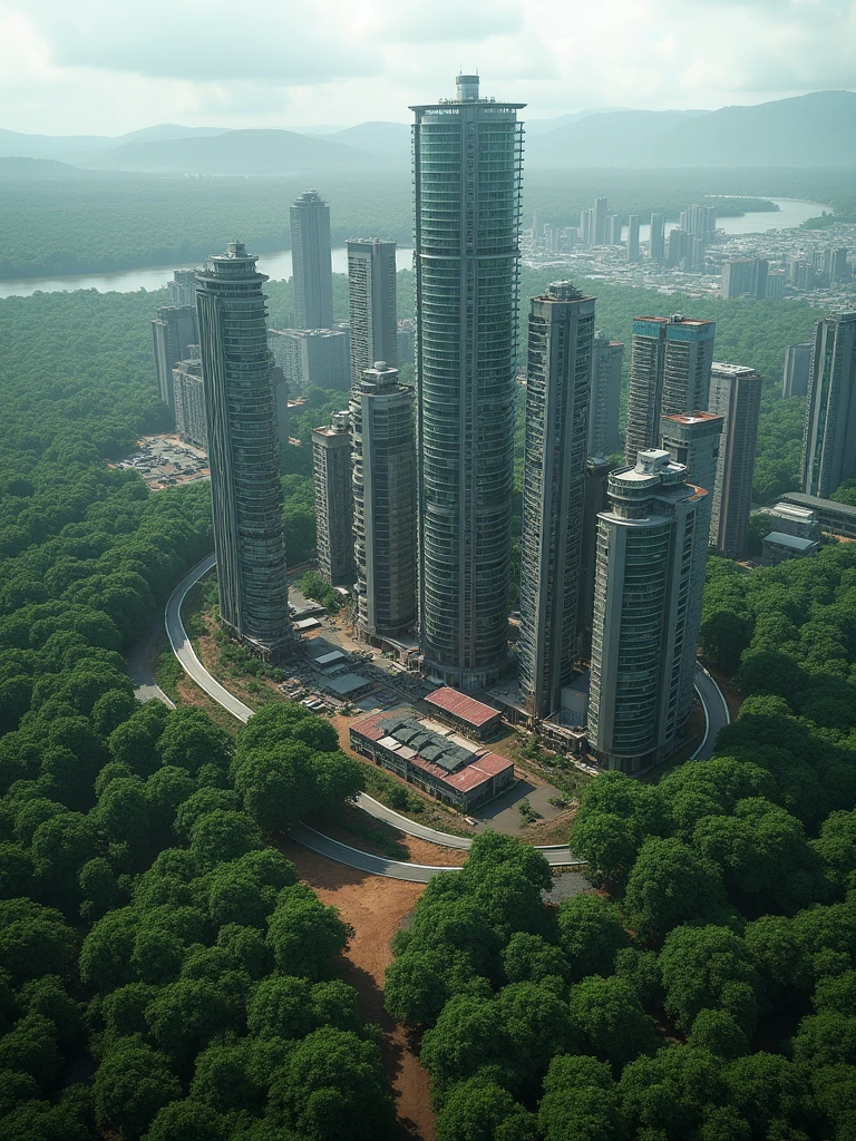 A vast and dense Amazon rainforest surrounds a rapidly growing city, Parauapebas. The city emerges from the jungle, with modern buildings and infrastructure contrasting with the untamed wilderness. Roads carve through the dense forest, leading to new construction sites where high-rise buildings are being erected. The cityscape features a mix of industrial zones, residential areas, and patches of untouched forest. The skyline is a blend of glass and steel buildings alongside traditional wooden homes, all under a cloudy, humid sky. In the background, lush green trees and rivers are visible, reminding of the ongoing battle between nature and urban expansion.