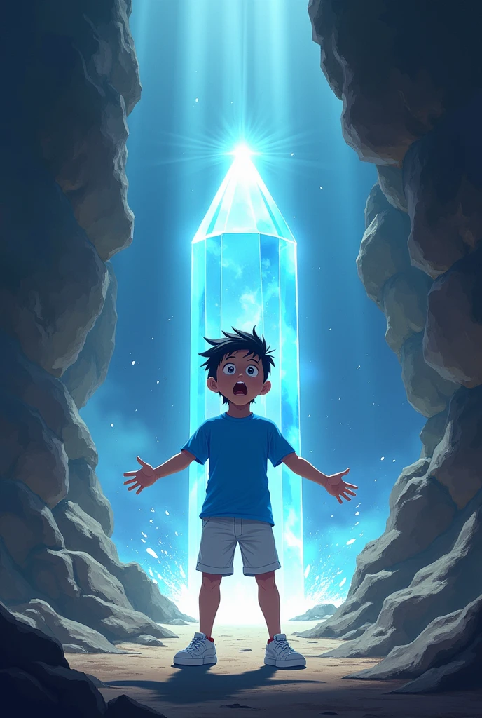 a boy with black hair, black eyes, wearing a blue shirt and white shorts and white sneakers, singing the song as the rock opens and the Crystal is released.