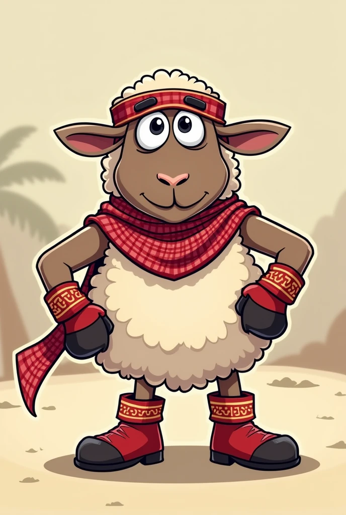 cartoon sheep dressed like wrestler The iron sheik wearing a keffiyeh and curved toe boots