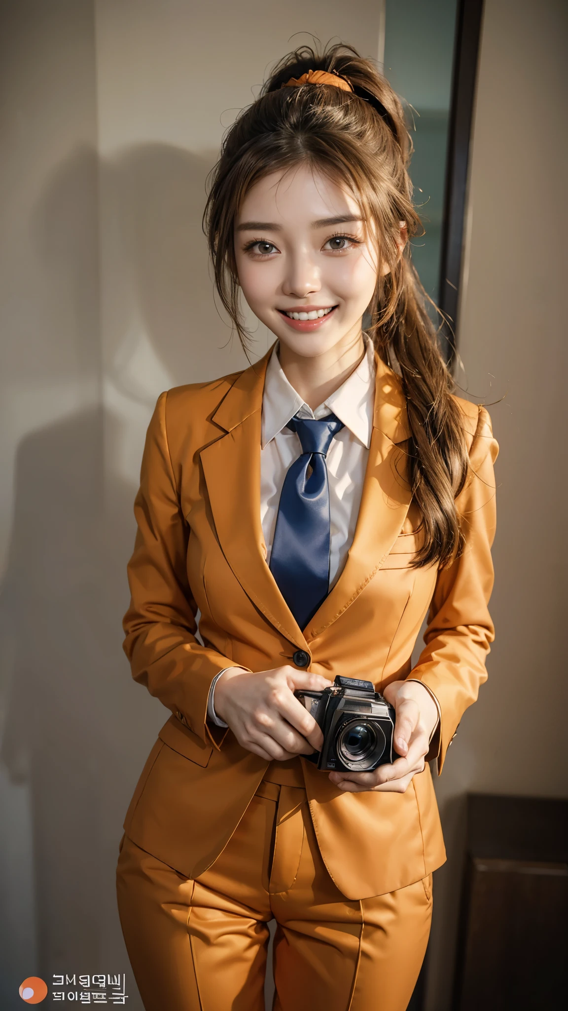 Highest quality, masterpiece, Ultra-high resolution,8k,((Toothy smile portrait:1.4)), (Realistic:1.6), ((A radiant smile)), RAW Photos,((Korean drama appearances)),((Full body photo)),1 person,Slim 22 year old adult female,((orange business suit)),((Pants look)),((Full of smiles, )) ,((Ponytail and hair tie)),((Ribbon in hair)),((acting for the camera:1.6)),Face Focus:1.4,((Korean drama appearancesの撮影:1.15)),
