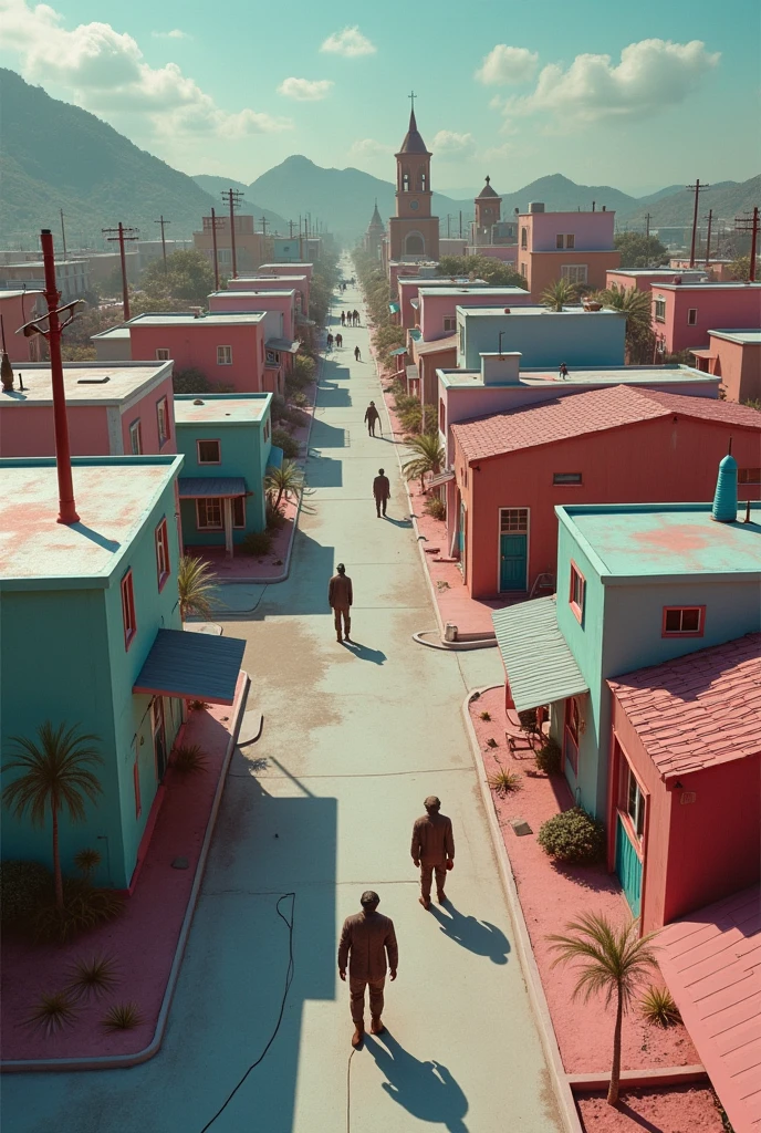 a town, 1960s art style, dark glossy pastel color, toy aesthetics, surreal atmosphere, lobotomycore humans, weirdcore, raw photo, aerial shot