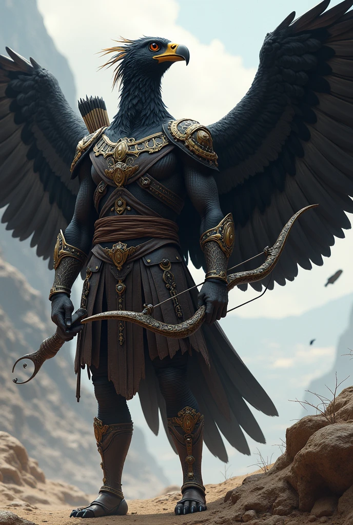 AN ALL-BLACK AARAKROCA PATROL ARCHER, WITH TWO BIG WINGS AND LEATHER CLOTHES SHOWING THE WHOLE BODY
