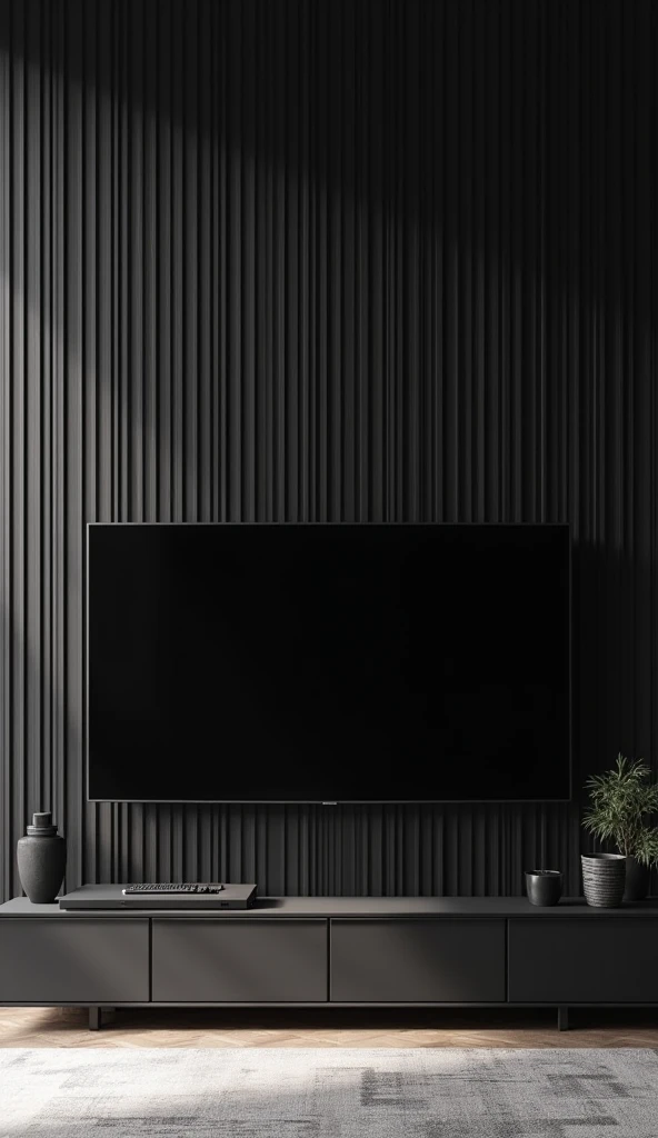 TV stand, vertical black wallpaper with black oled, in 8k personal room