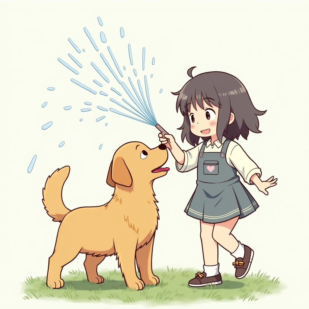 Please draw a  playing with a golden retriever、Please make the girl&#39;s face Japanese.、I like the feeling of being showered with water from a sprinkler.