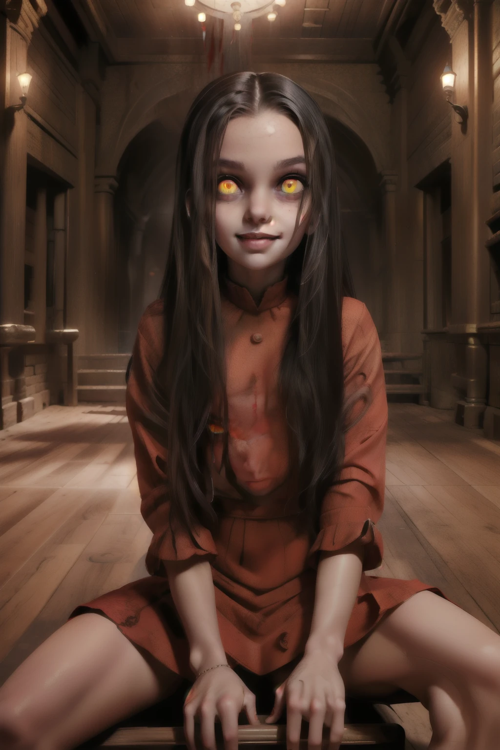 alma,yellow eyes,glowing eyes,black hair,
red dress,smile,
upper body,sitting,
building,blood halls,
(insanely detailed, beautiful detailed face,beautiful detailed eyes, masterpiece, best quality),