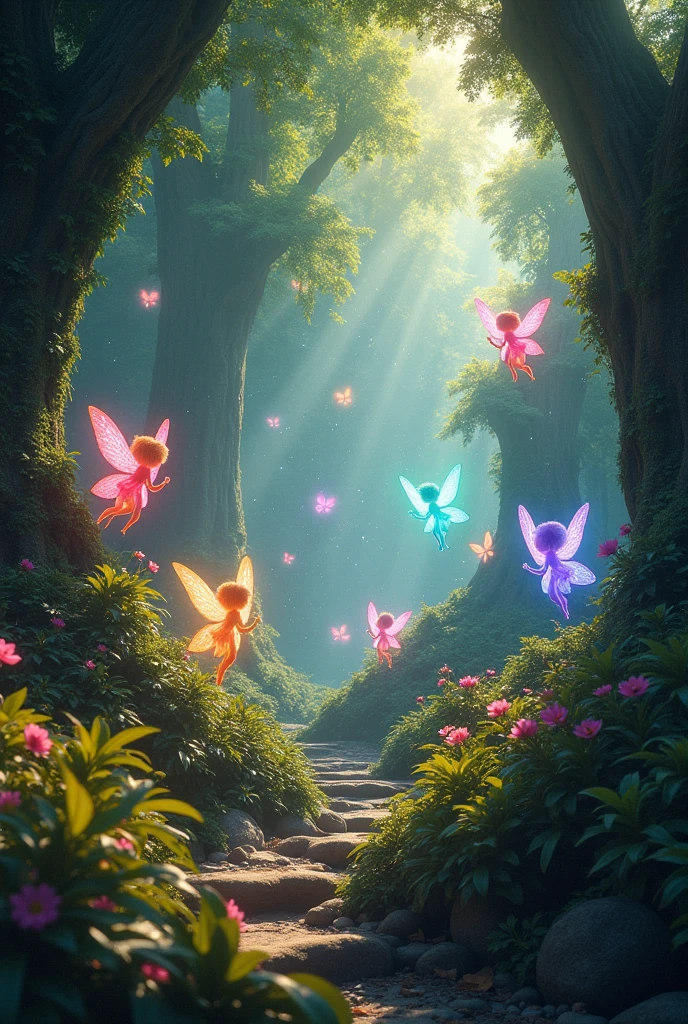 (vibrant enchanted jungle), ancient giant trees in the background, (glowing magical fairies with different colors) floating, sprinkling sparkling dust from their wands, rich foliage, (luminous colors) of greens and golden pink, whimsical atmosphere, serene and magical vibe, highly detailed, (HD), captivating and immersive fantasy scene, enchanting light filtering through trees.
