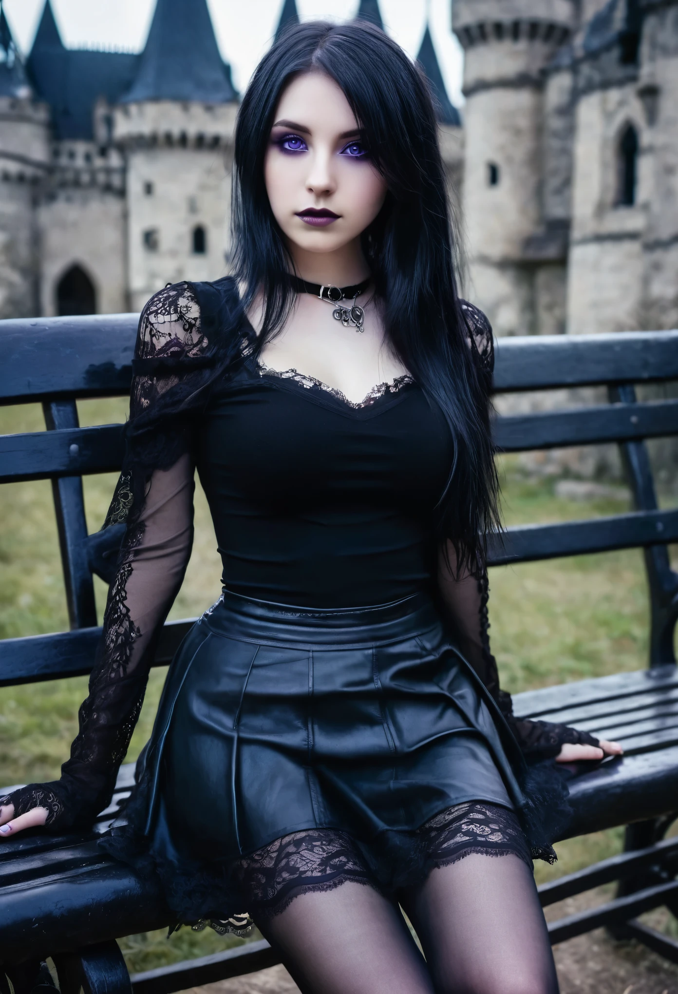 Thin girl, 20 years old ,shoulder length black hair,violet eyes,Skinny body, short, big breasts, black top, black mini skirt gothic style, black lace tights, leather boots,sitting on a bench,of a gothic castle,image with a cold tone,gray.