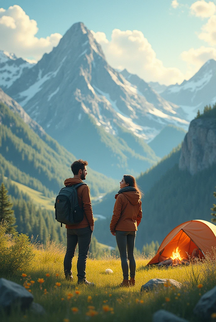 A man and woman camping in mountains staring at each other enjoying the beautifull view of meadows with a tent beside them and a fire 
