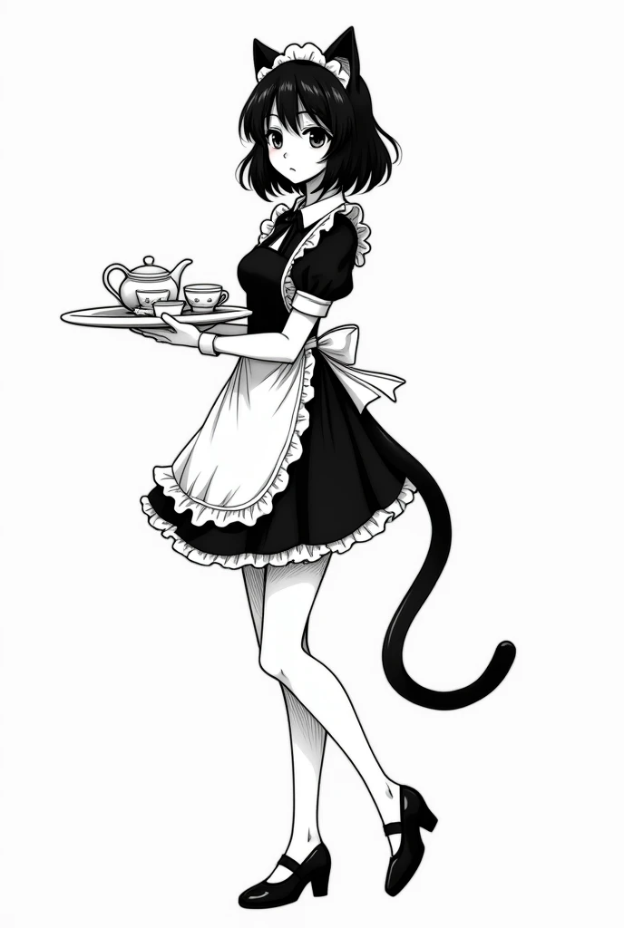 Jacques prevert black and white illustration art, illustration of a beautiful girl, cat ears, cat tail, tray in hand, maid suit, line draw, white simple background, --ar 2:3 --stylize 50