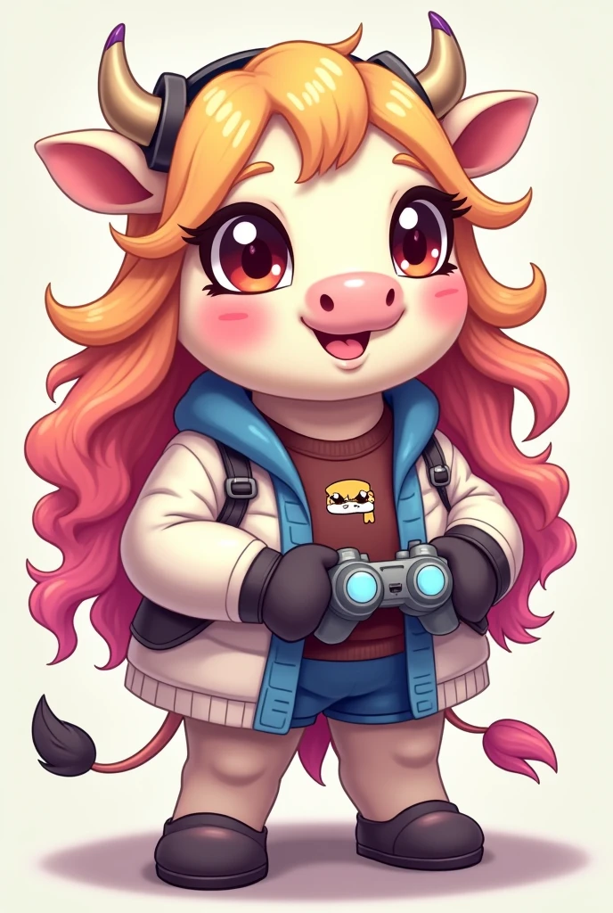Plus size curvy cow with blonde and pink long hair and kawaii gamer outfit