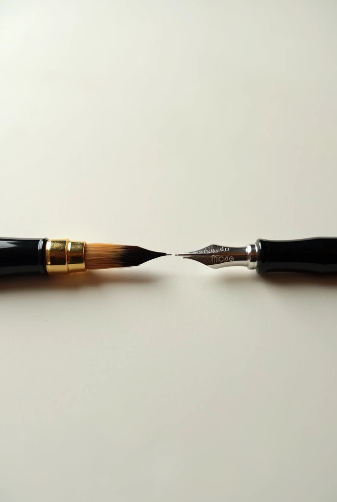 A horizontal image depicting a traditional paintbrush on the left side and a dip pen with a metallic nib on the right side. Both the paintbrush and the pen are lying flat, side by side, and they merge seamlessly at the center. The paintbrush handle transitions smoothly into the pen’s shaft, creating a harmonious blend between the two tools. The background is simple and neutral to ensure that the focus remains entirely on the paintbrush and the dip pen."