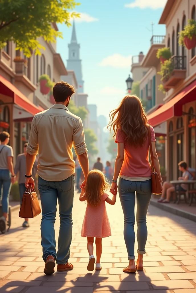 A couple with a long-haired daughter walking down a street with their backs to the camera.