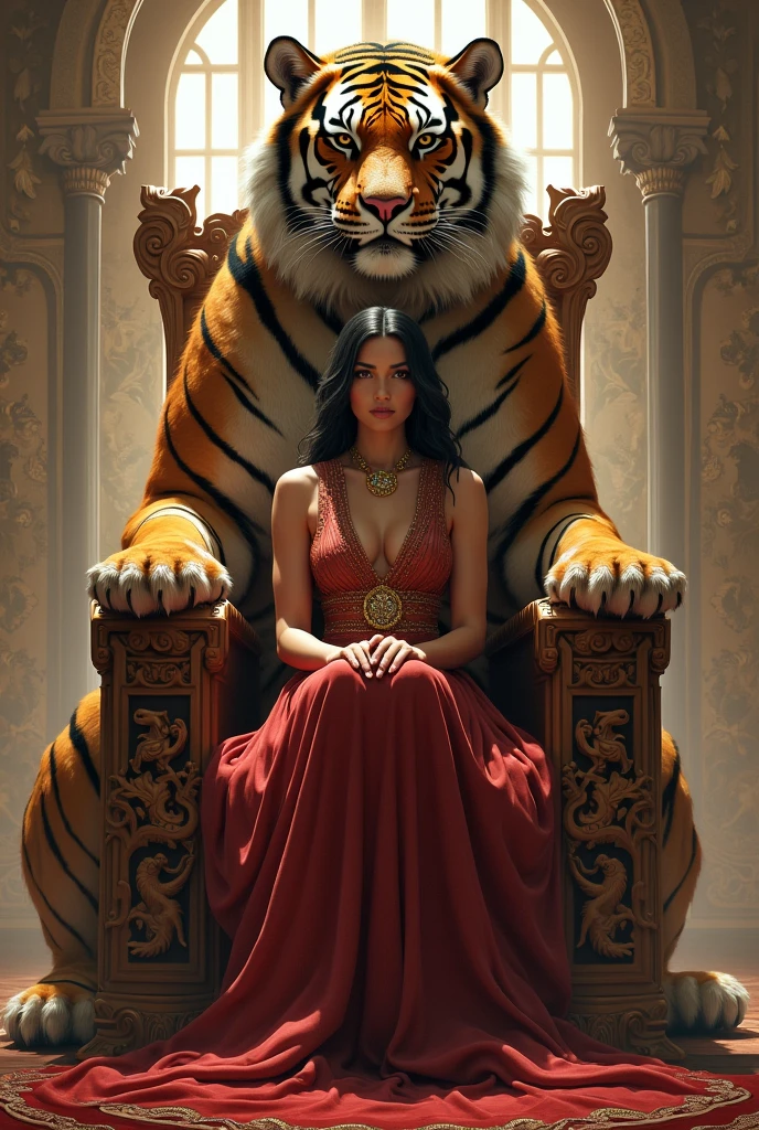 A woman sitting on a throne, with a giant tiger guarding her