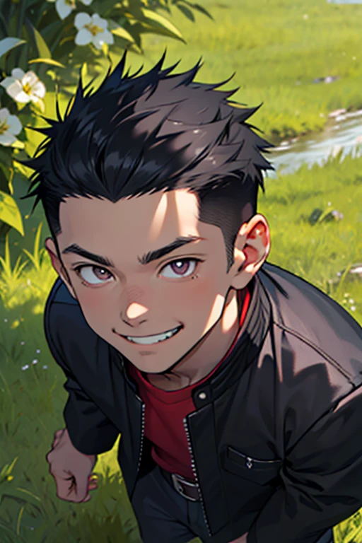 One boy, alone, Iris, Point pupils, Black Hair, short hair, gakuran, Black jacket,Red Shirt、Black Belt, Black trousers, bad、Riverbank、On the grass、Close-up of face smile