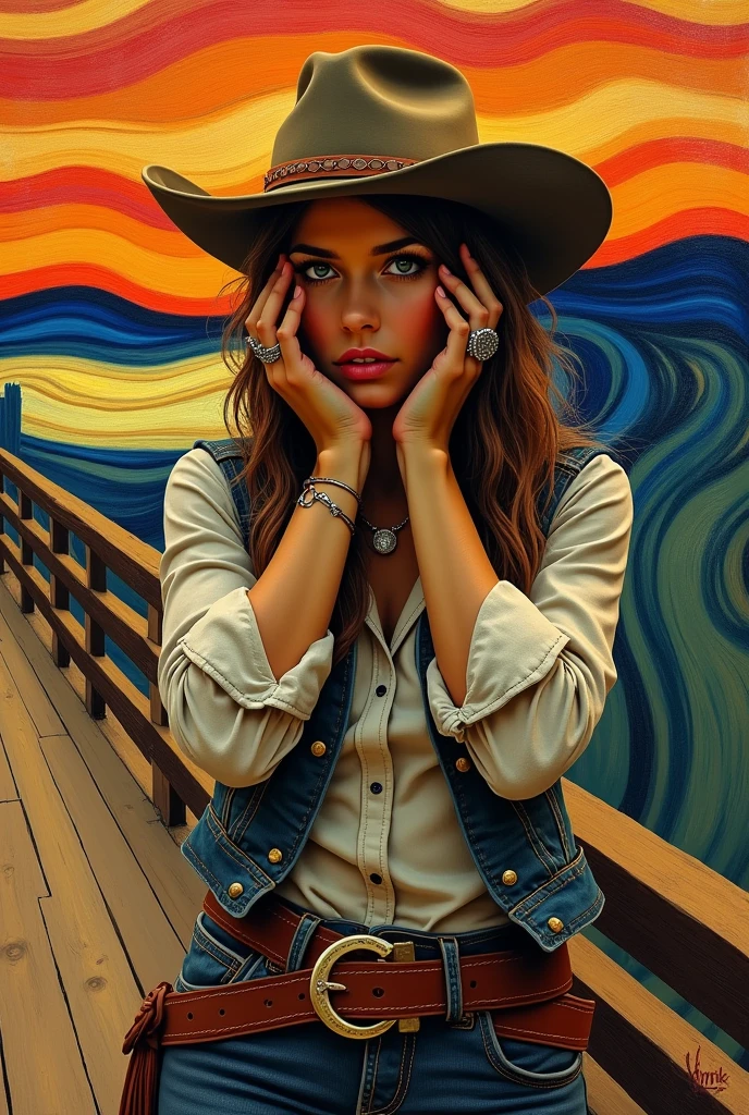 Cowgirl with her hands on the sides of her face and a ring on her hand from the painting The Scream but drawing 