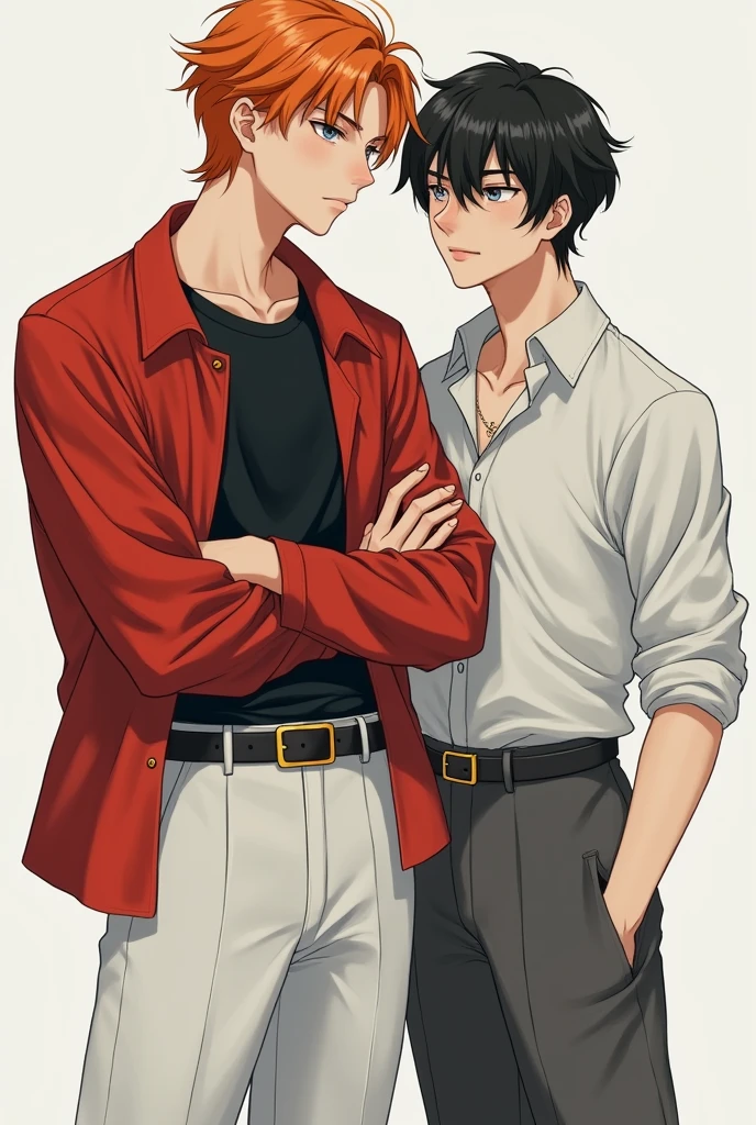 A young man, 21 years old, with orange hair, wearing a black round-neck shirt, a red jacket, white long pants, and black shoes, is standing with his arms crossed, looking away. There's another young man, 21 years old, with black hair, wearing a white shirt, a necklace, and long pants,