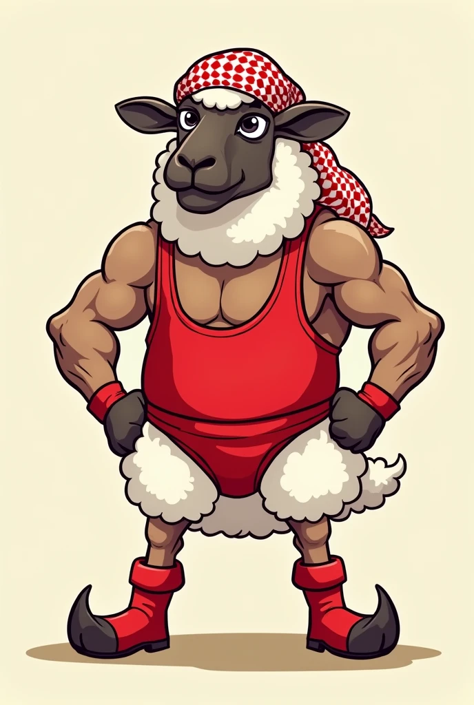 cartoon sheep dressed like wrestler The iron sheik wearing a keffiyeh and curved toe boots