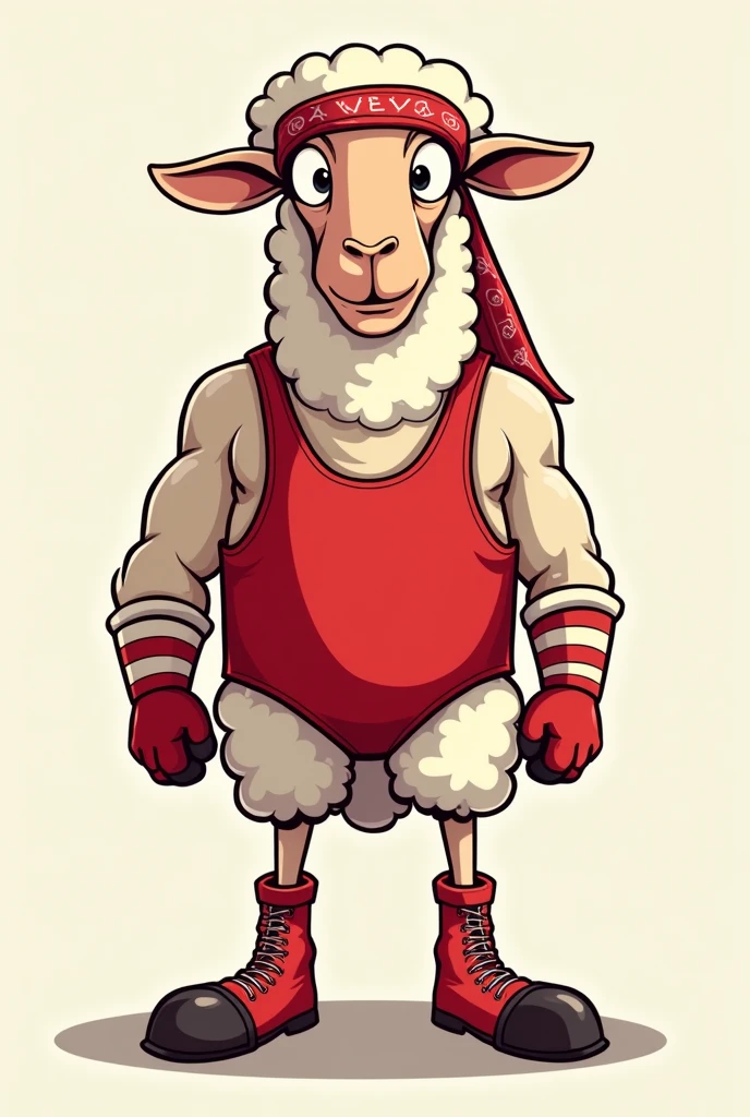 cartoon sheep dressed like wrestler The iron sheik wearing a keffiyeh and curved toe boots

