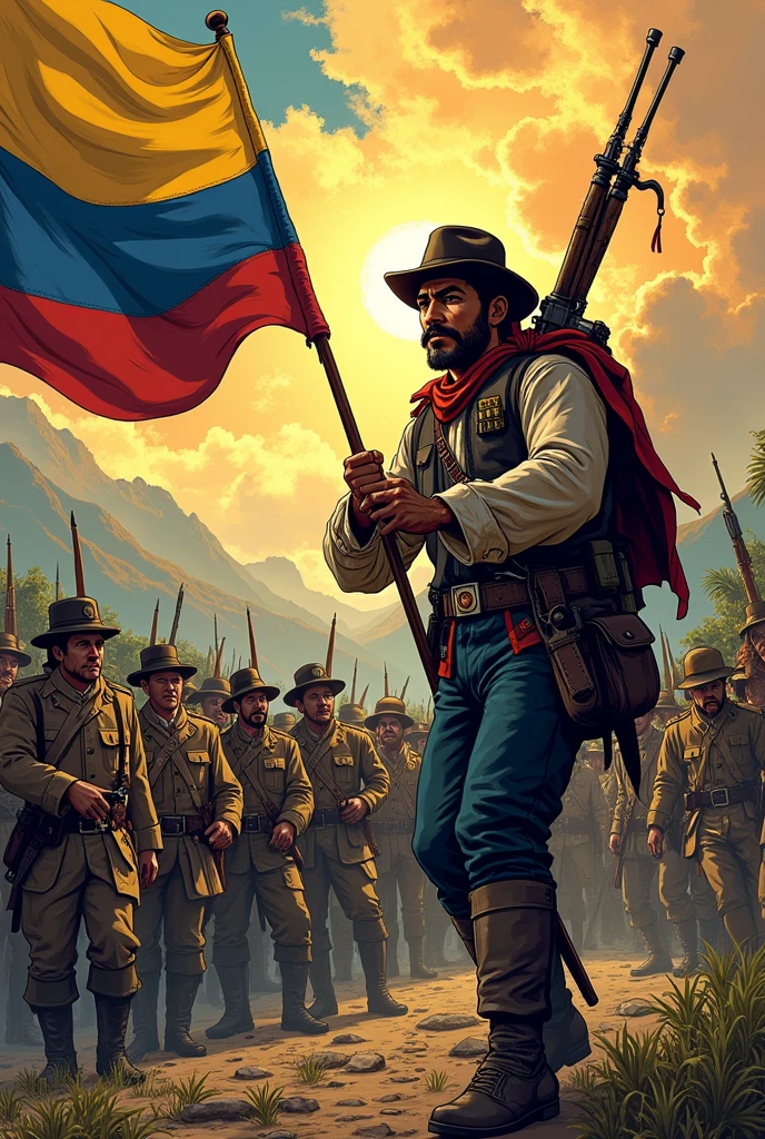 Create a comic strip that I can draw which includes all the rules of the comic strip but that the comic strip looks like Colombia in the fight for freedom against the Spanish