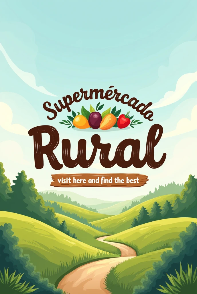 A logo for a supermarket called "Supermercado Rural" and below the slogan "visit here and find the best"