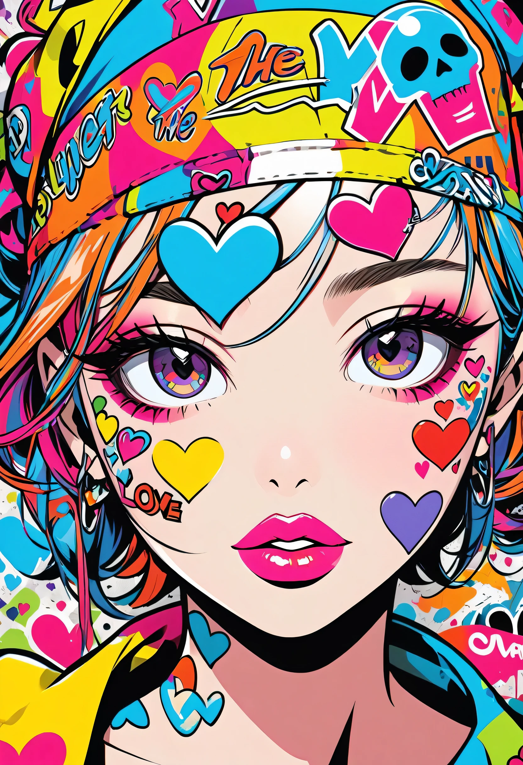 Ultra-realism Keith Haring colorful style, Simple Line Initialism,Abstract art,(((The most beautiful girl of all time))), Sweet face. Lips in love, colorful hearts, stylish design, Summer Skull fashion, Dark Eyes, Graffiti on the wal