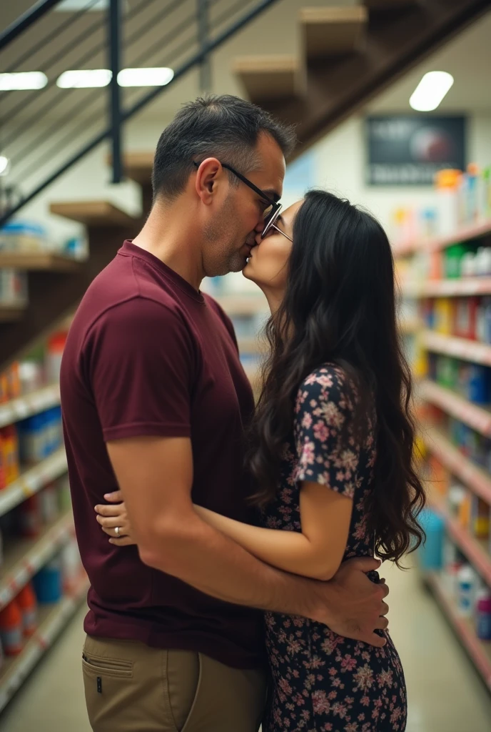 The image is a full-body vertical photograph of two people standing under a staircase. The central figure is an older man with short dark hair, wearing glasses, a maroon short-sleeved shirt, and khaki pants. He has a medium skin tone and is standing with his arms around the girl in front of him. The girl is kissing the man on the mouth, she has long, wavy, dark hair, she is wearing glasses and a printed shirt. The background shows some aisles of a cleaning supplies store.