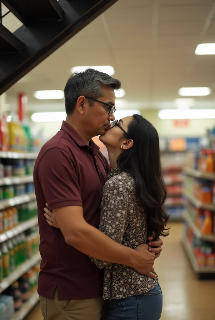 The image is a full-body vertical photograph of two people standing under a staircase. The central figure is an older man with short dark hair, wearing glasses, a maroon short-sleeved shirt, and khaki pants. He has a medium skin tone and is standing with his arms around the girl in front of him. The girl is kissing the man on the mouth, she has long, wavy, dark hair, she is wearing glasses and a printed shirt. The background shows some aisles of a cleaning supplies store.