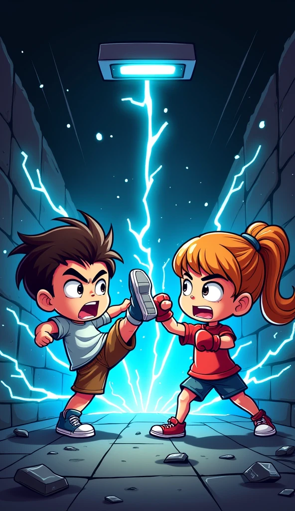 Cartoon of cute angry Young boy breaking the wall by kick, on left side, boy looking in the right direction, while cute angry girl on right side throwing a powerful punch to a punching bag and breaks the right wall with it, she looking in the left direction and important they both get electricity falling on them from above the word 'Action bar' which also surrounded by cute electric cloud while background of whole image is black and electricity color is blue and white.