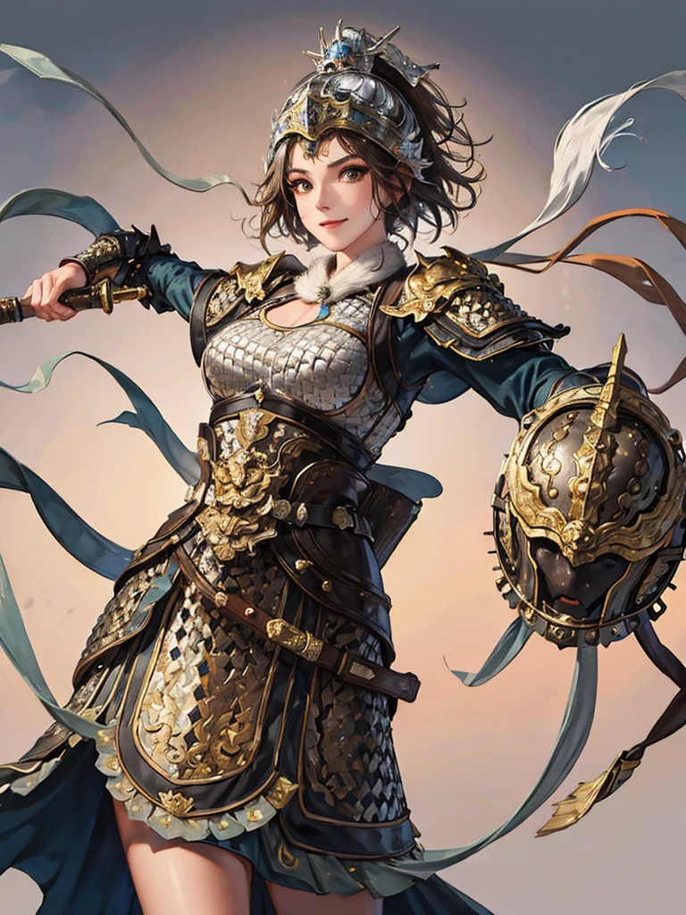 (no background:1.4), (cowboy shot), best quality, masterpiece, Solo, detailed beautiful girl, ancient Chinese armor, large breasts, (silver armor), (white cloth), short hair, brown hair, fascinator, helmet, smile, cheerful, holding sword, fur