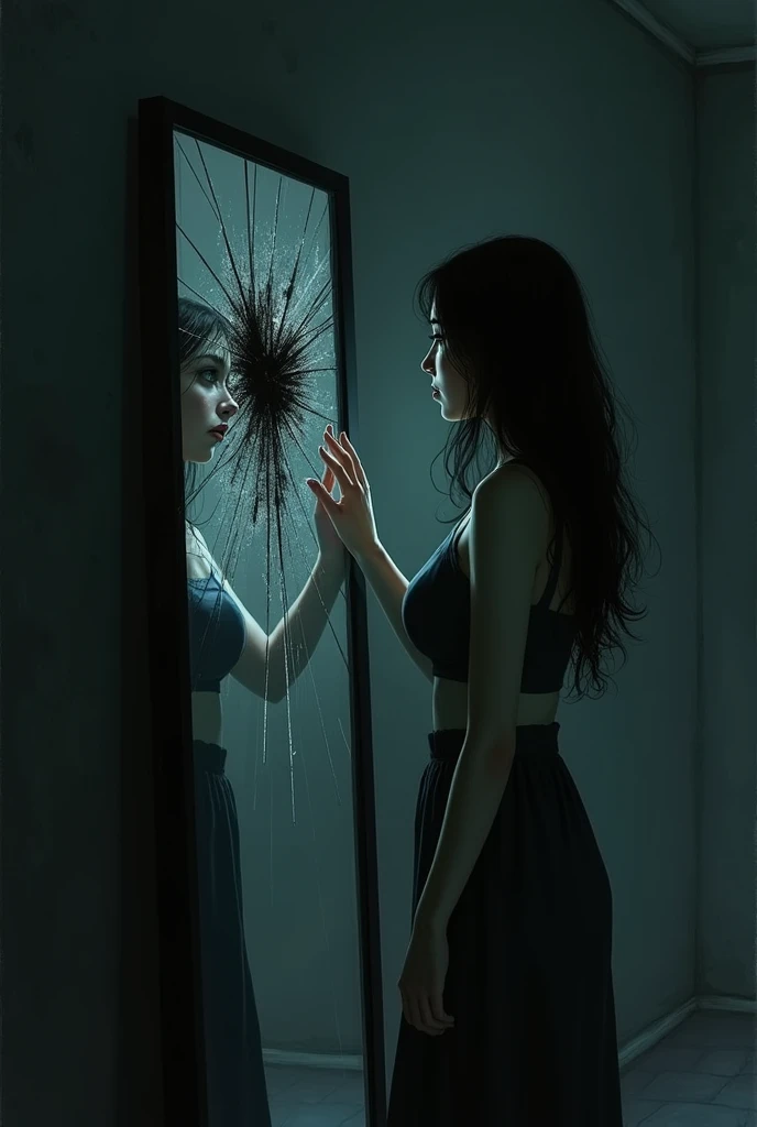 A woman looking at her reflection in a broken mirror. She is standing with a sad expression on her face and has one arm touching the glass. It is in a dark and shadowy place. illustration