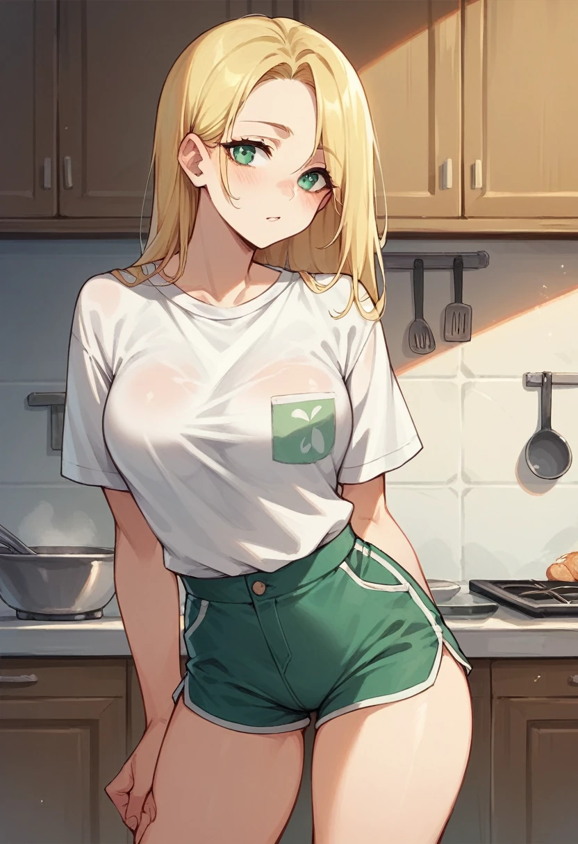 1 girl, tight white shirt, black booty shorts, blonde hair, white skin, greenish blueish eyes, standing, in kitchen 