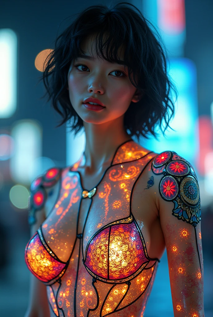 (masterpiece, Highest quality), 8k,(((Very detailed))), Race:1.8,Super intricate Race pattern, colorful Race pattern, Stained glass transparent body, Mandala,light up,cold, 1 female,Open Back, 18 years old、Japanese, Photo of Lee Jae, tumbler, sultry body with セクシー belly, Sexy girl, Young sensual elegance, Sexy body, Sexy look, Very Short Hair、Taking a picture with a beautiful night view as the backdrop、 Intelligent face、Narrow waist、Large Breasts、drool coming out of the mouth、Smile a little、EOS 50ｍｍ F2, Blur the background、Photographed from the front、Lighting the face、whole body、Ass、Thighs、